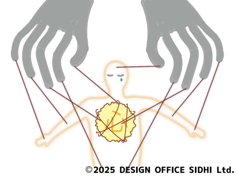 傀儡の呪い？心に見えない糸を巻きつけられ、傀儡人形のように他者の意のままに操られる人をイメージしたイラスト。