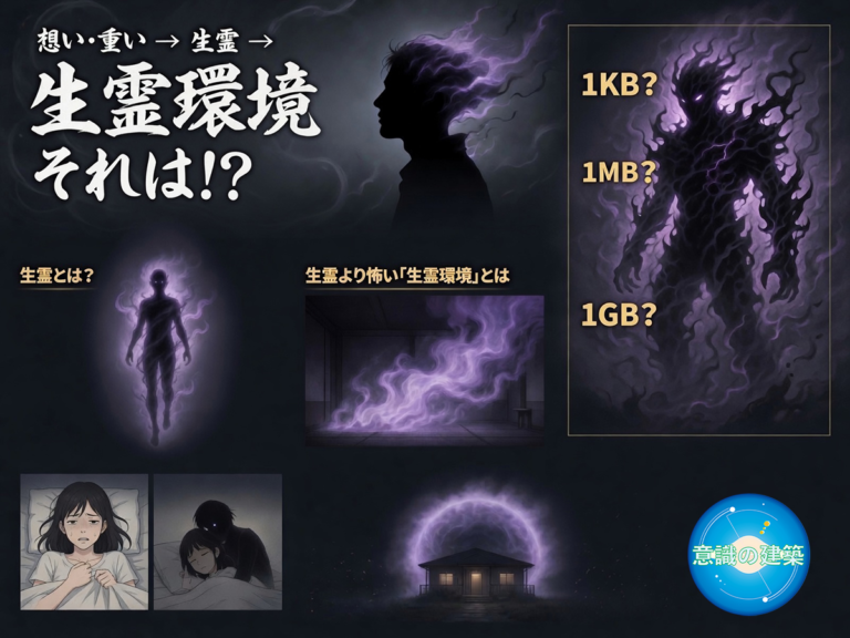 生霊・生霊環境のイメージ図。想いが念となり生霊から生霊環境へと膨らむ様子をインド風水ヴァーストゥと空間ヒーリングの視点で表現